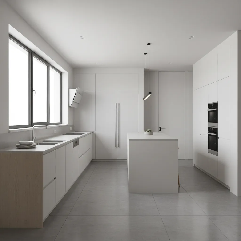 Long rectangular kitchen showing sink stove and fridge spacing