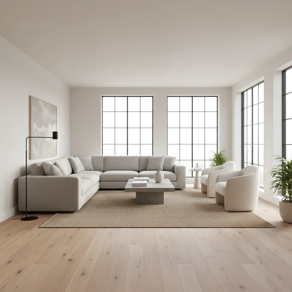 Long rectangular living room showing balanced seating and open center space