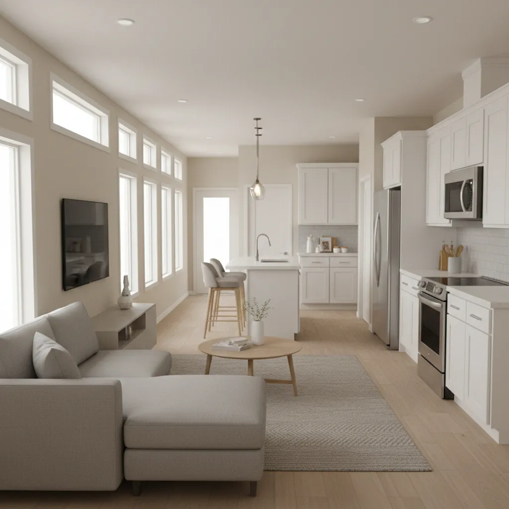Interior of a long single wide manufactured home with open living and kitchen area