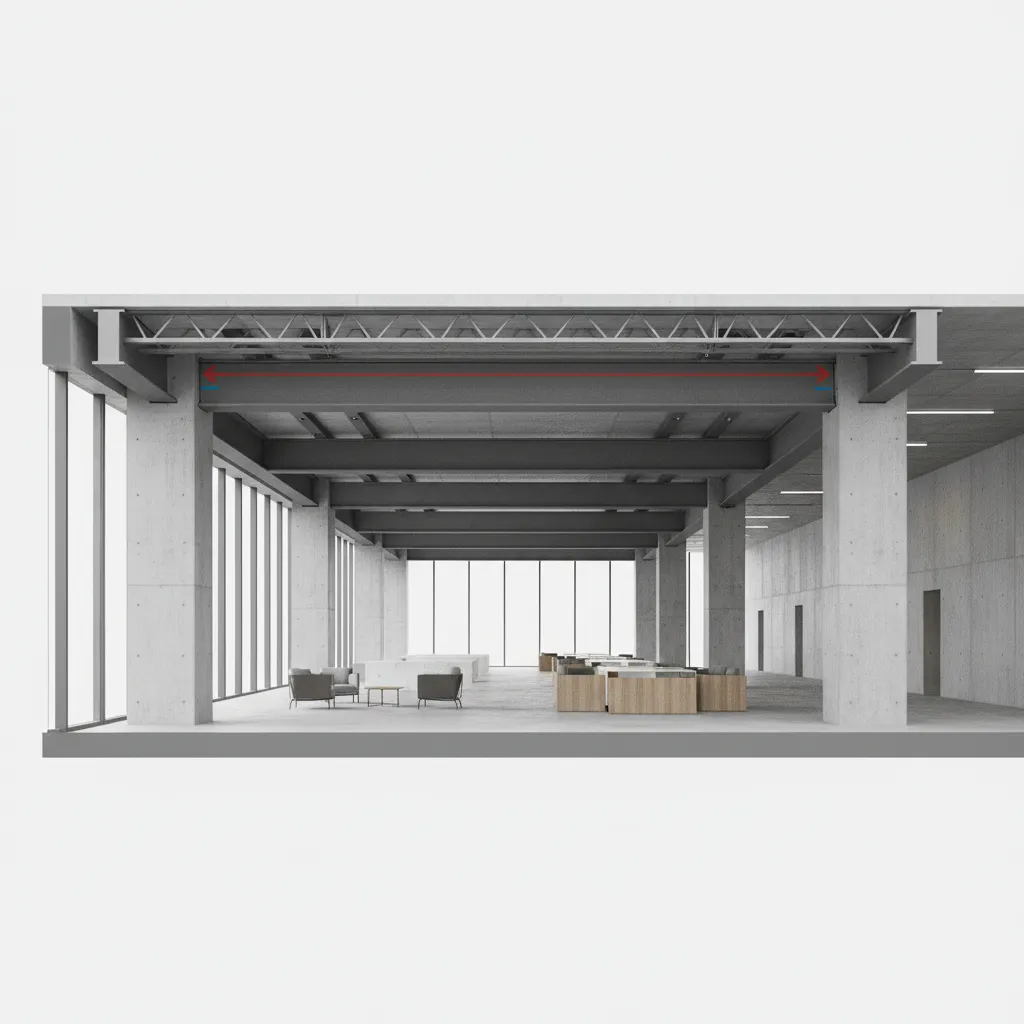 Structural visualization showing long span beams between columns