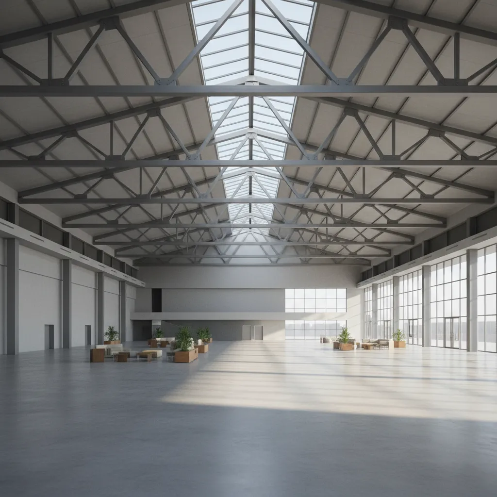 Large open interior supported by long span steel beams without interior columns