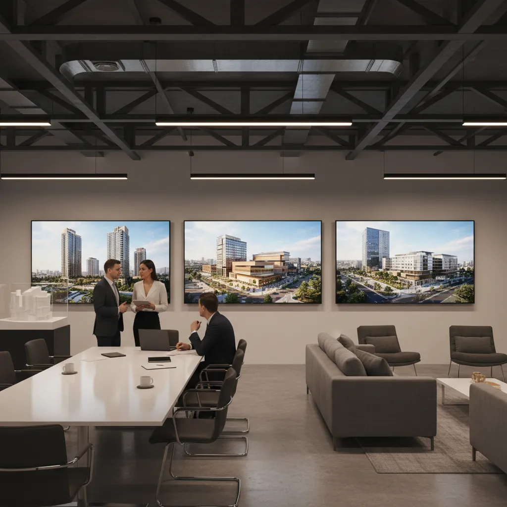 Professional architecture firm and developer team reviewing completed project renderings