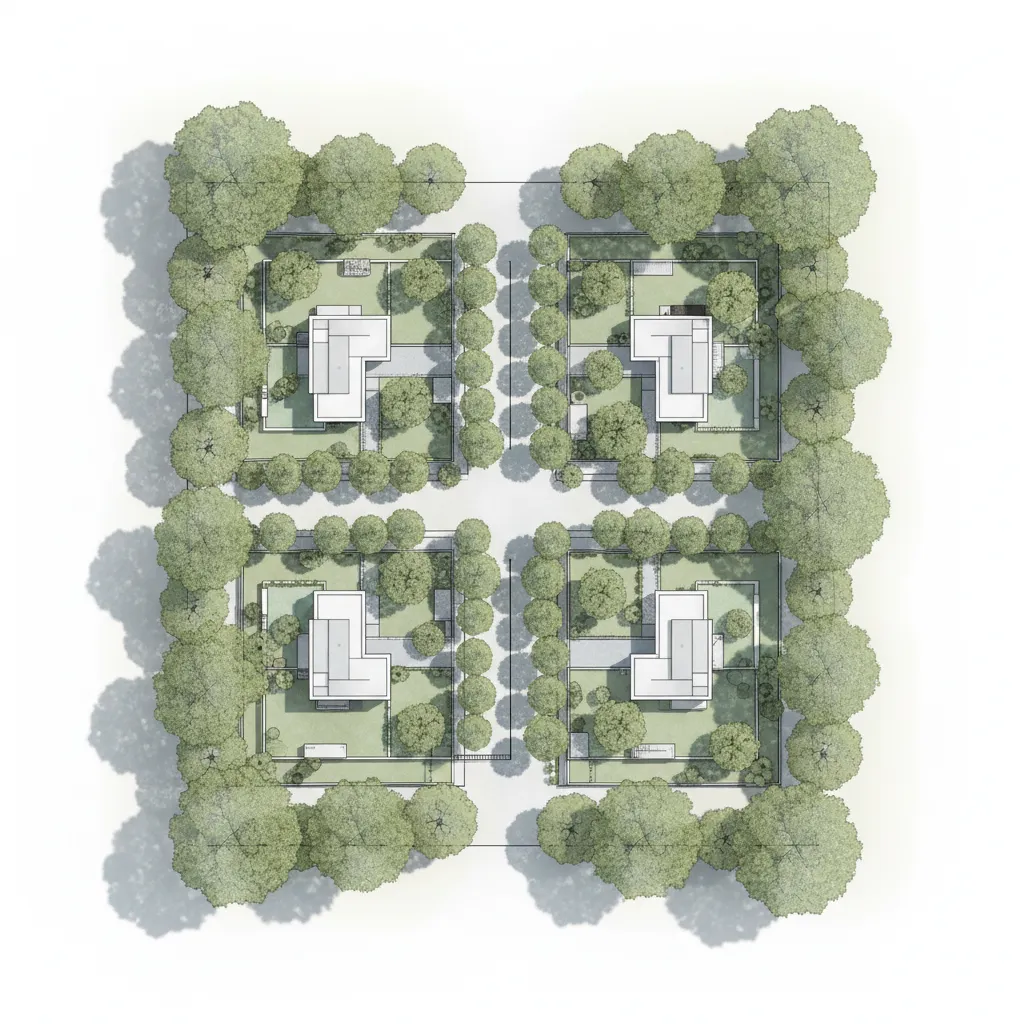 Landscape plan showing mature tree growth along property boundary