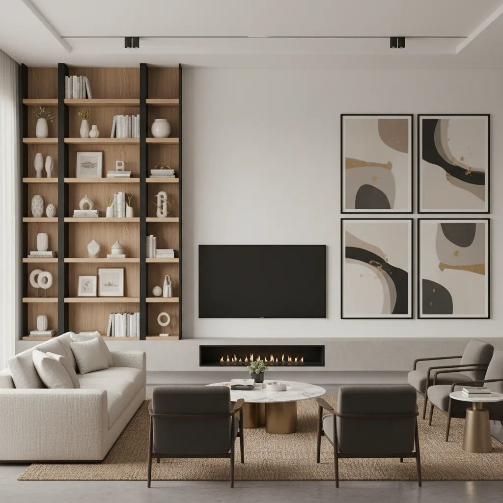 Designer layout with vertical shelving and artwork on a long wall