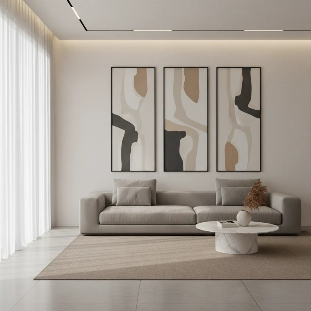 Long living room wall with vertically arranged framed artwork