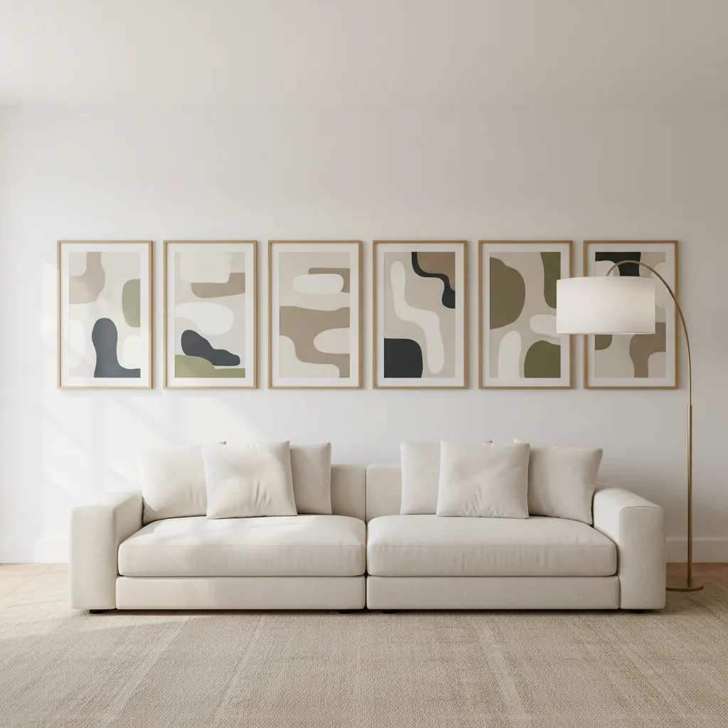 Long living room wall with vertically arranged framed artwork