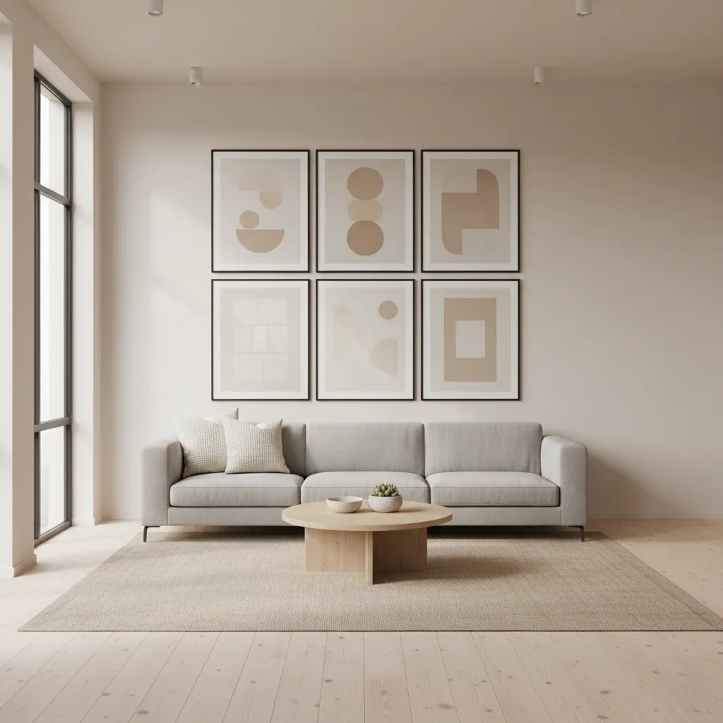Vertical stacked wall art arrangement on a long wall in a modern living room