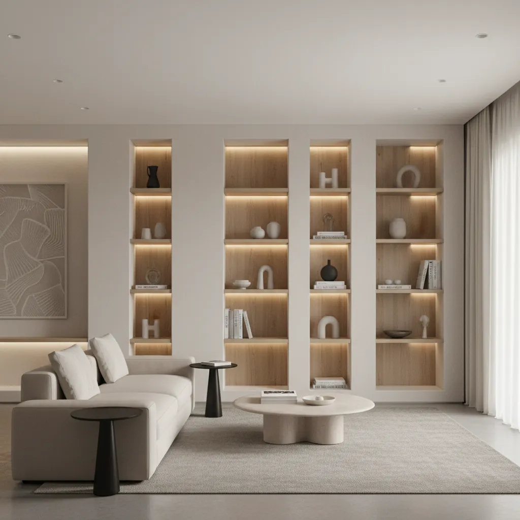 long uninterrupted wall used as feature wall with storage and decor