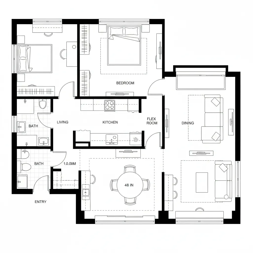 Black and white 2D floor plan layout showing bedrooms bathrooms kitchen dining and living room areas