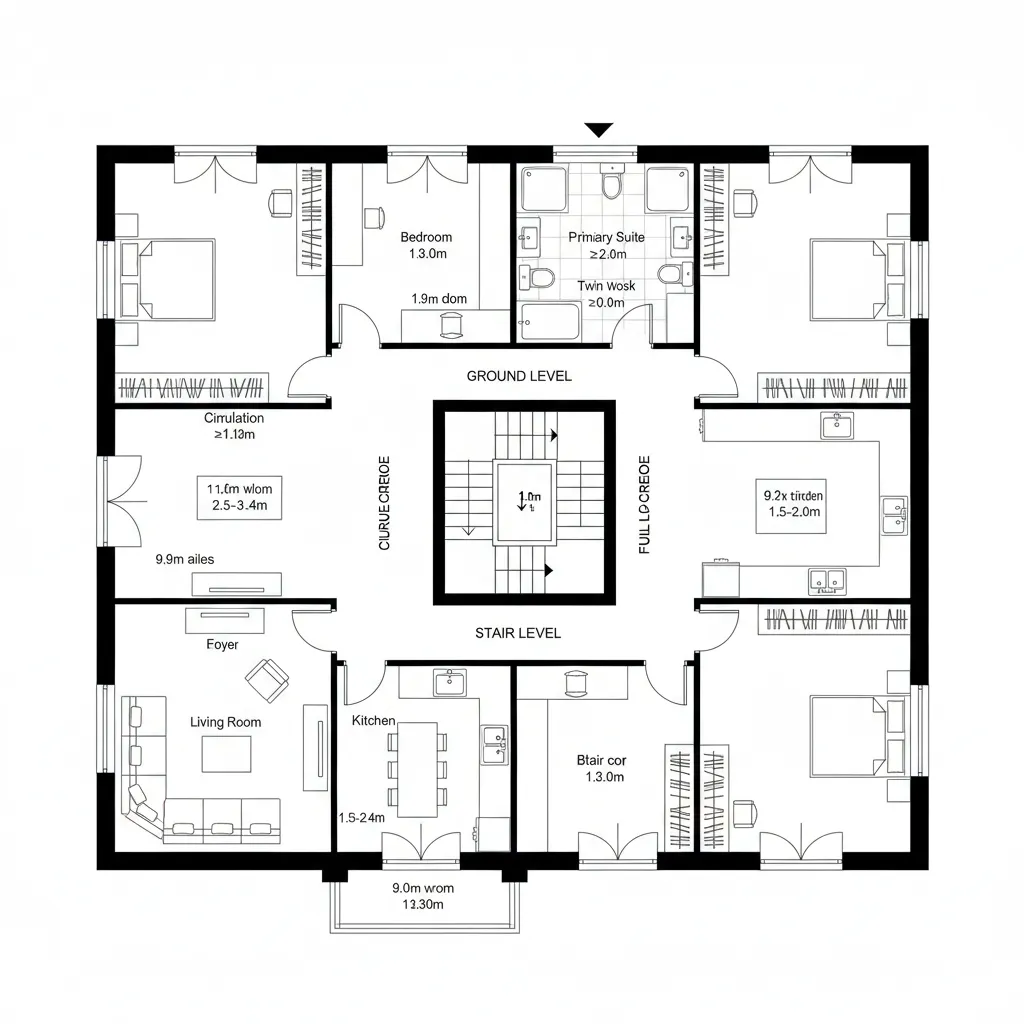 Central Stair, Perimeter Rooms: Loop Efficiency