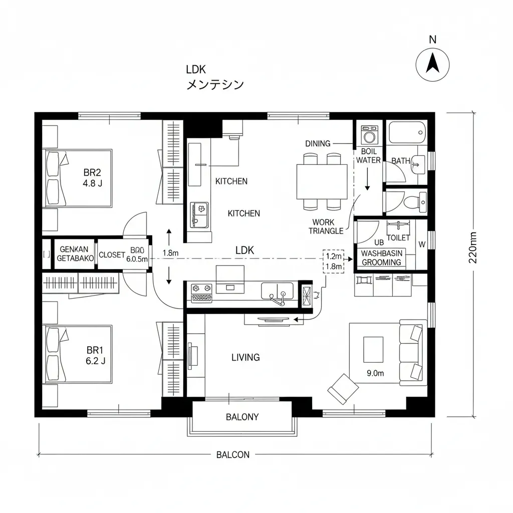 回遊キッチンで家事を束ねる2LDK