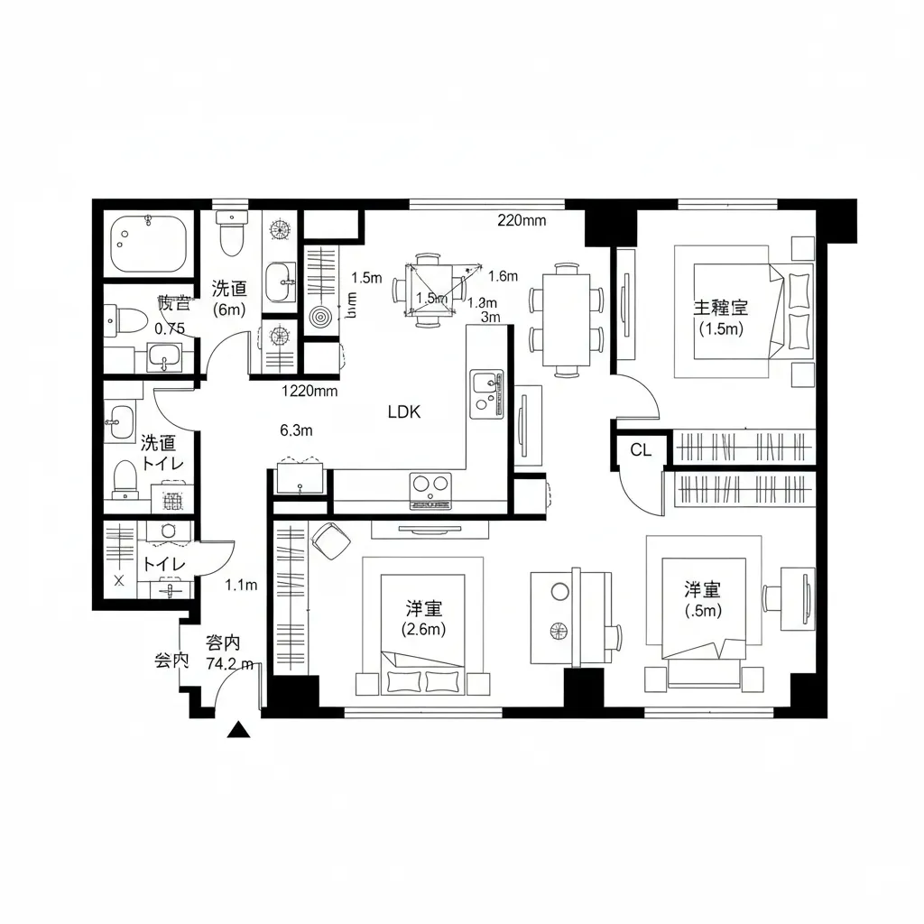 回遊型キッチンと分離寝室