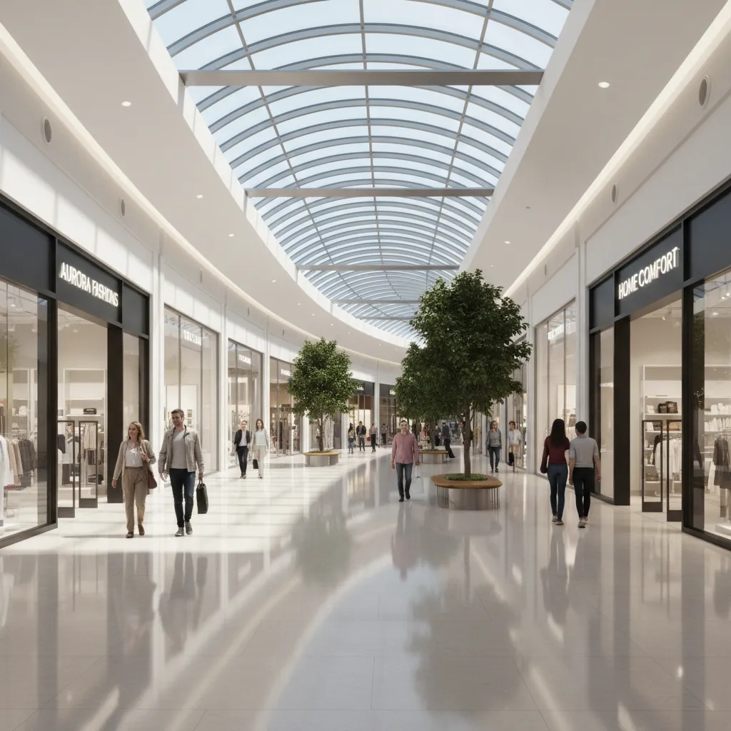 shopping mall interior showing curved loop corridor guiding visitors past retail stores