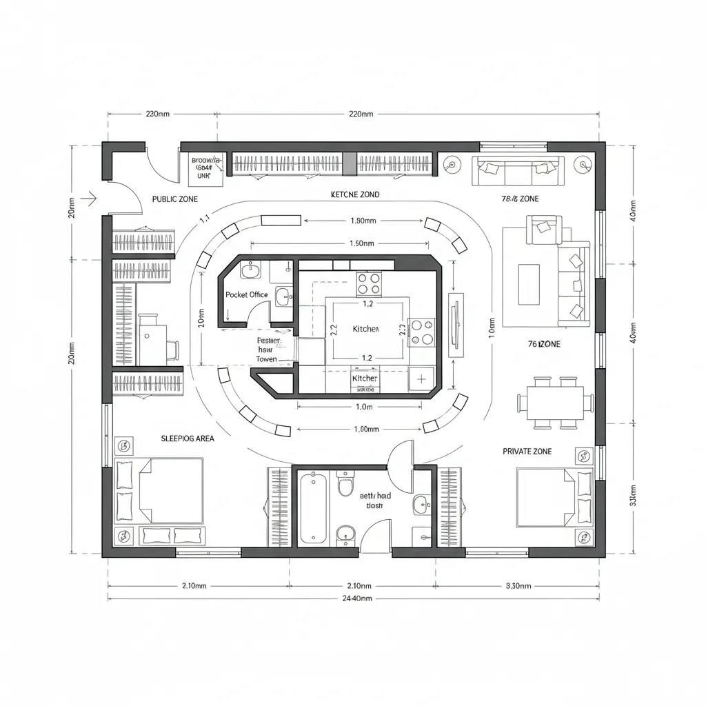 Top-down CAD plan with continuous loop and niche branches