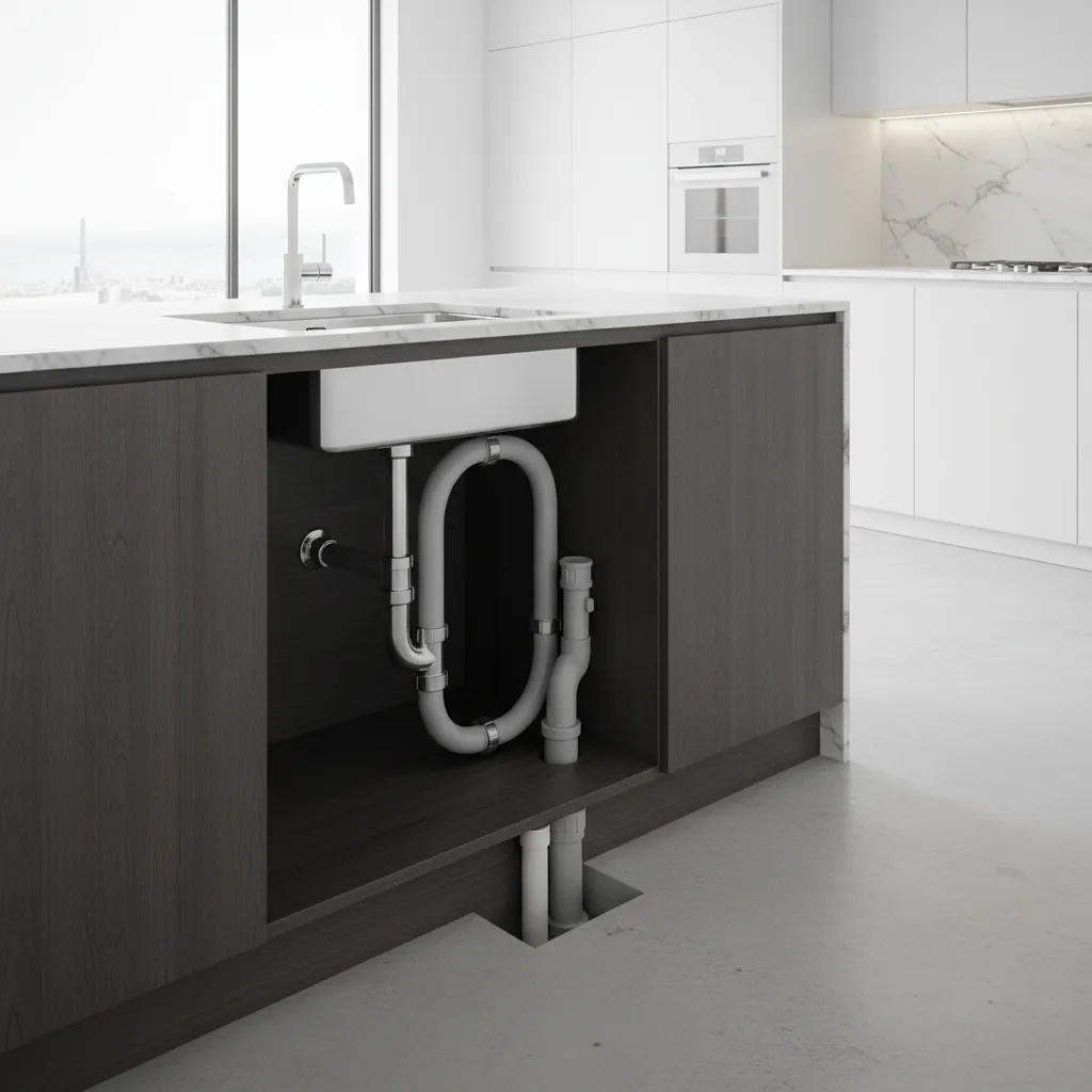 Loop vent plumbing configuration for a kitchen island sink