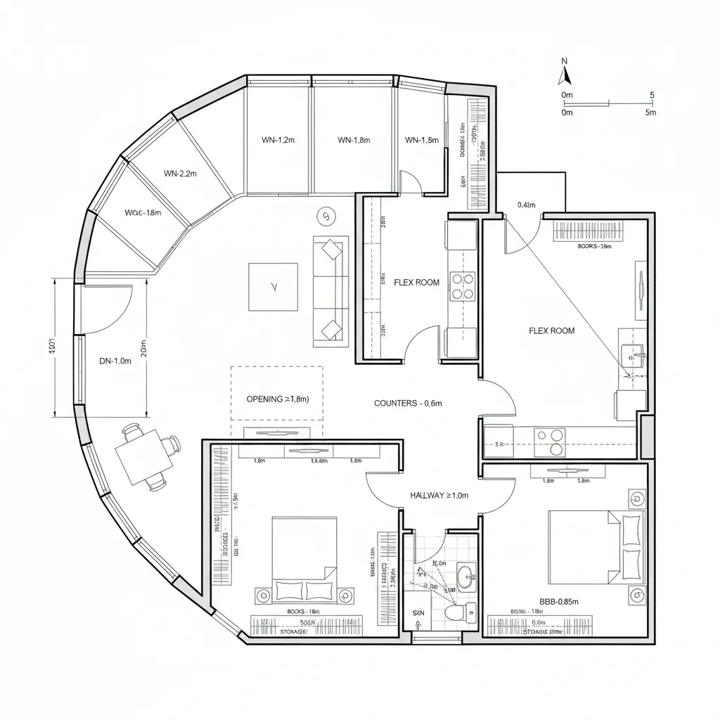 2D looped circulation plan with perimeter walk, pocket room on glazed pocket door, and continuous access between kitchen, bedroom, and bath