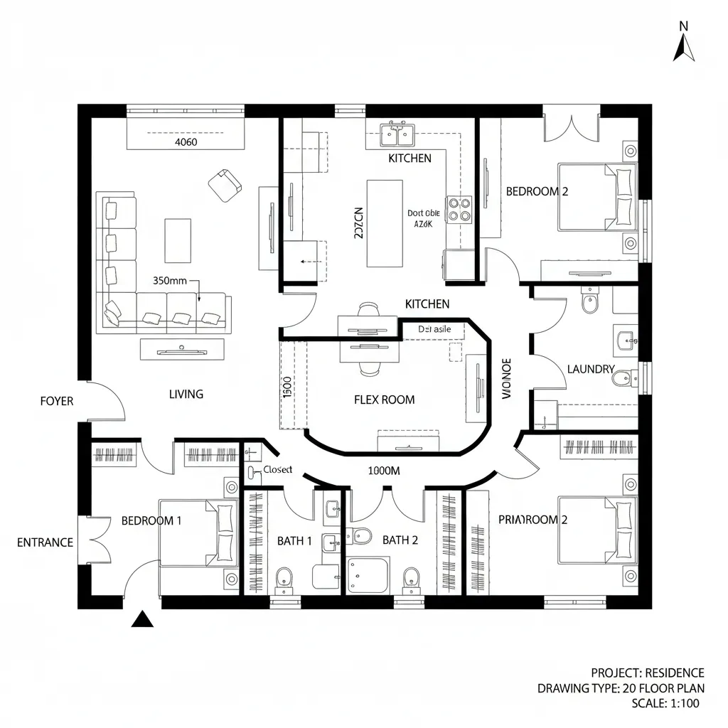 Modern interior design drawing displaying a home layout with flex room and circular hallway path