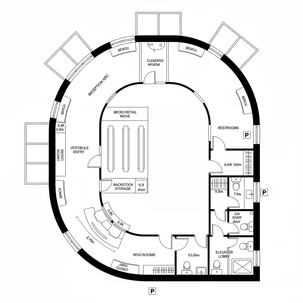 Top-down CAD plan of looped circulation with micro retail and service nodes