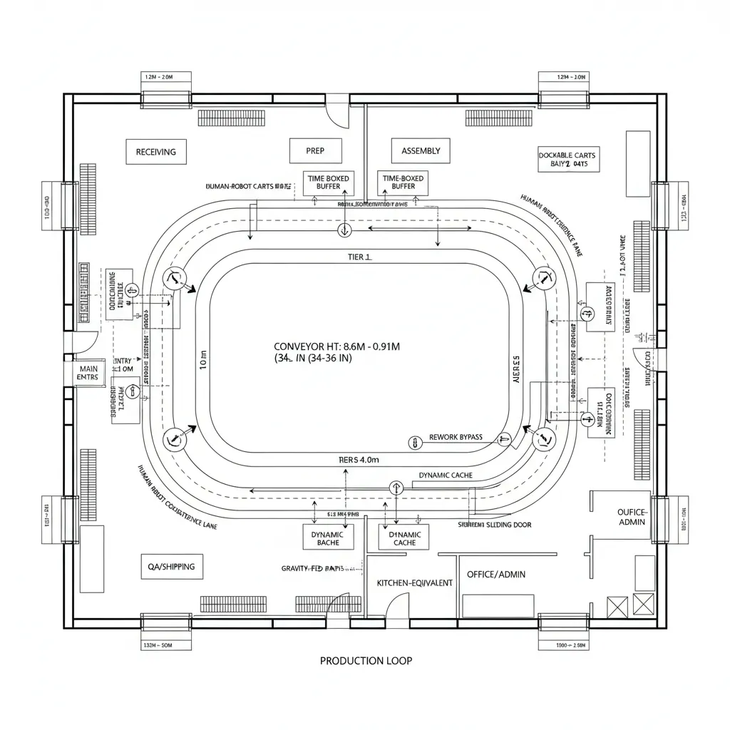 Interior design drawing showing room layout with large oval track and labels for production areas