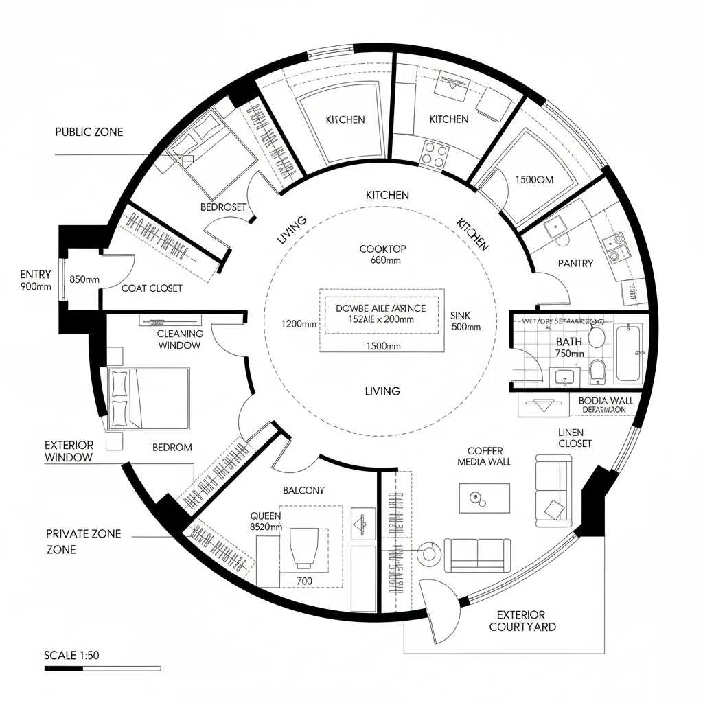 Top-down CAD plan of a 1 BHK with central loop and micro balcony courtyard