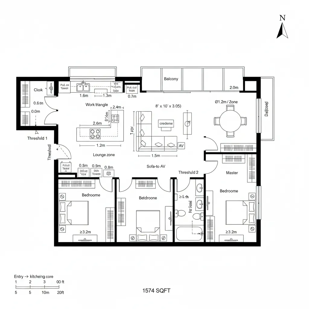 Top-down CAD plan showing looped living core with dual thresholds