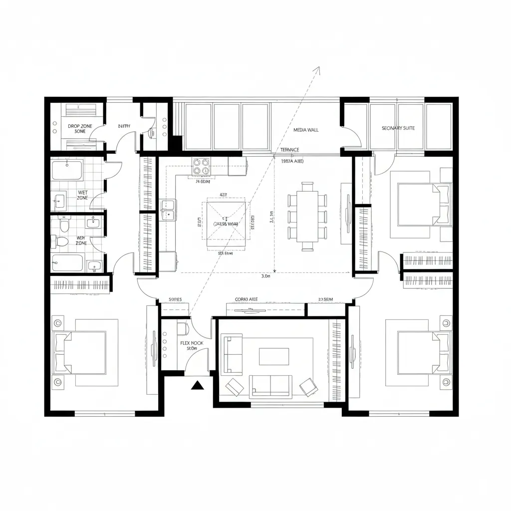 Black and white floor plan showing a home layout with kitchen living room and bedrooms