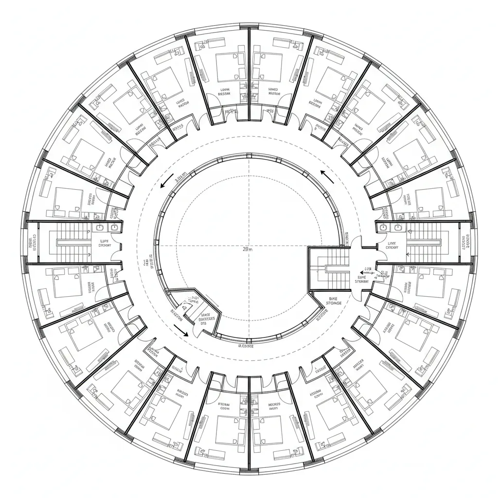 Top-down CAD plan of C-shaped level with loop corridor around semi-open courtyard