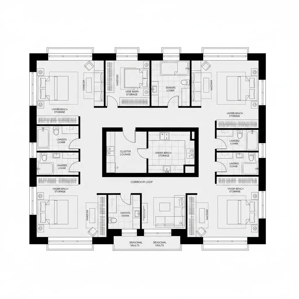 Looped corridor CAD floor plan with bedroom micro-clusters and lounges