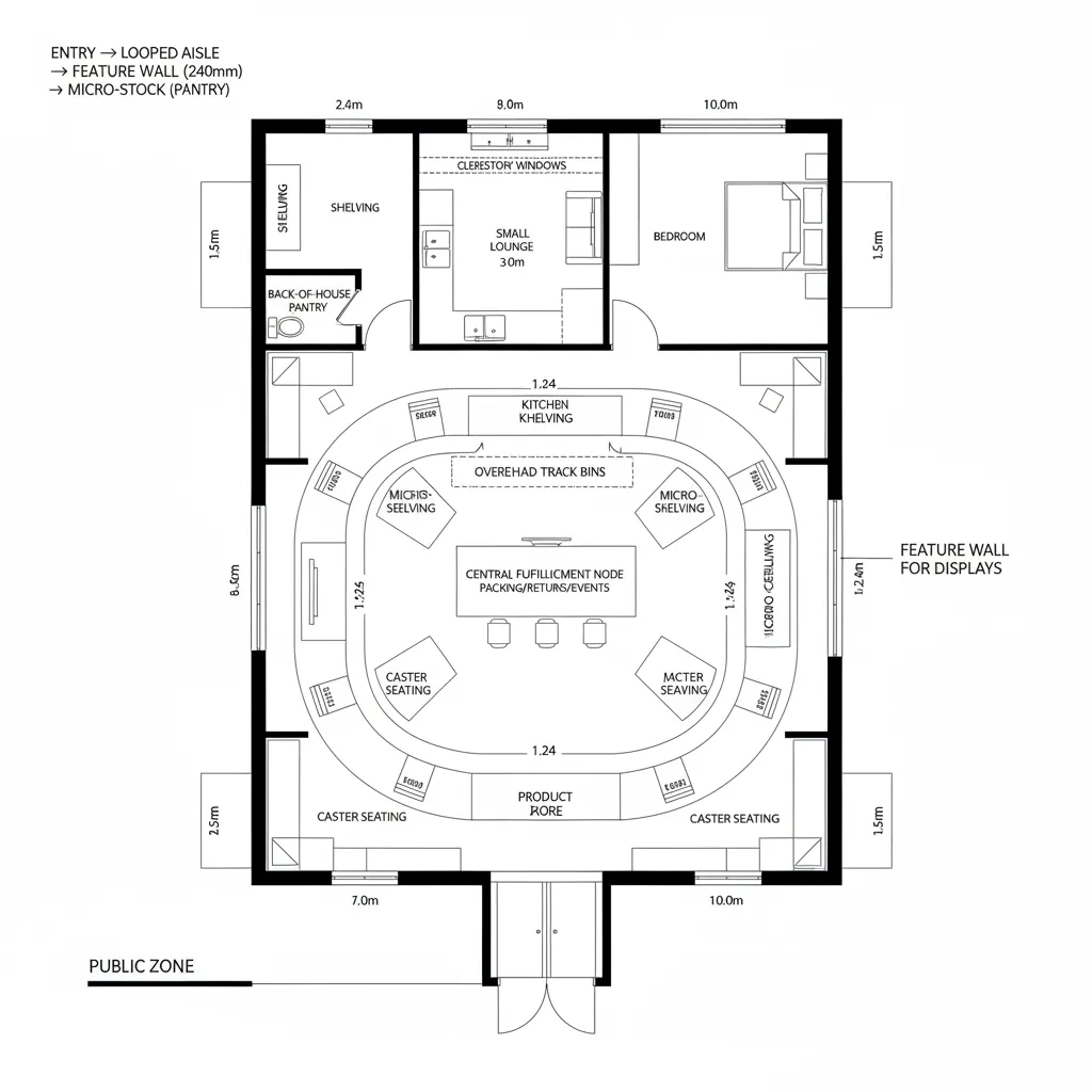 2D CAD looped gallery plan with central fulfillment island and private hatch