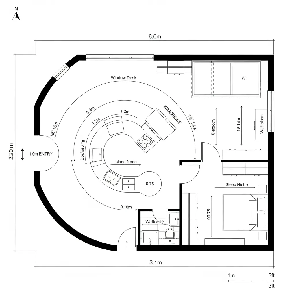 Studio floor plan showing a curved kitchen island, window desk, small bedroom area, and bathroom