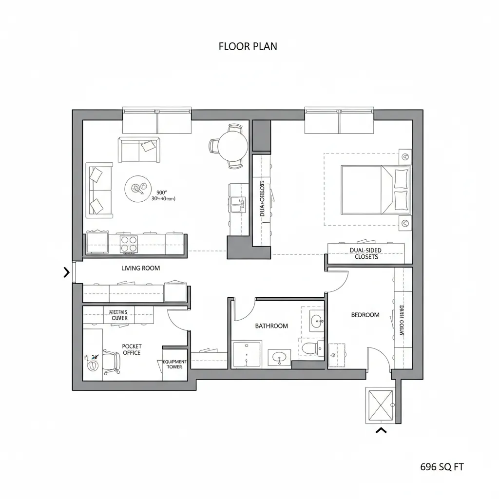 Top-down CAD plan of one-bed with pocket office and circular loop