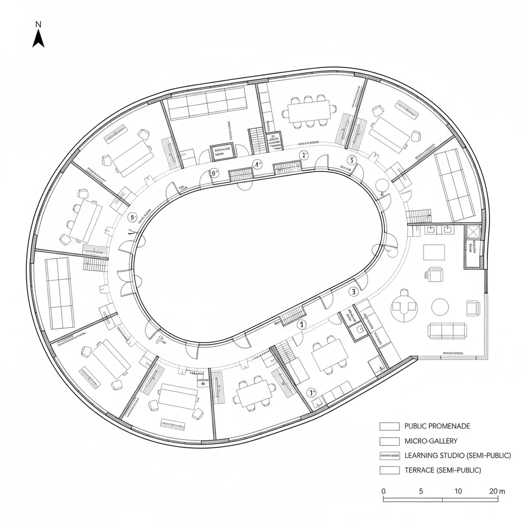 Top-down CAD plan of a looped promenade museum with nested micro-galleries and terrace