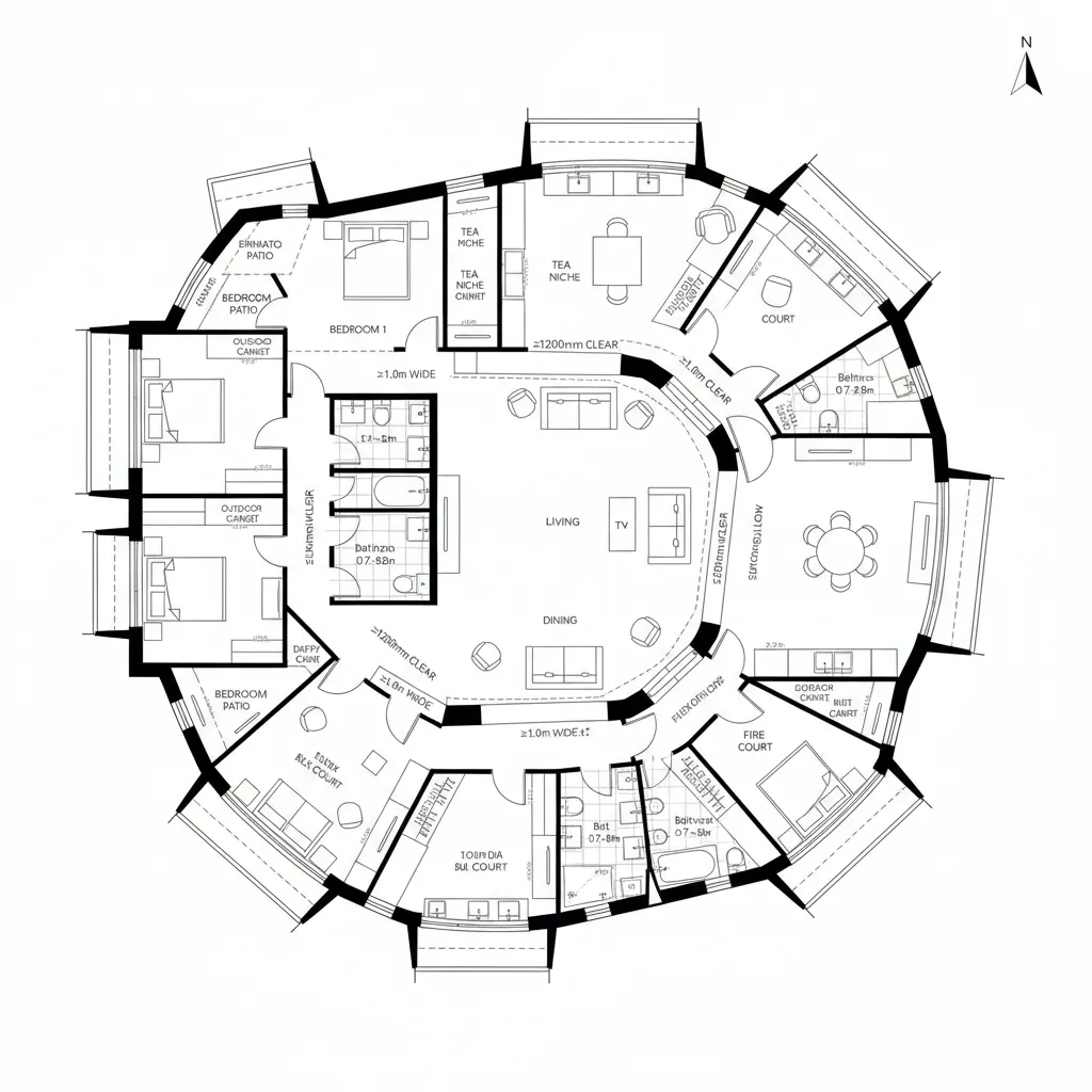 Circular interior design drawing showing central living area with surrounding bedrooms and several small garden patios