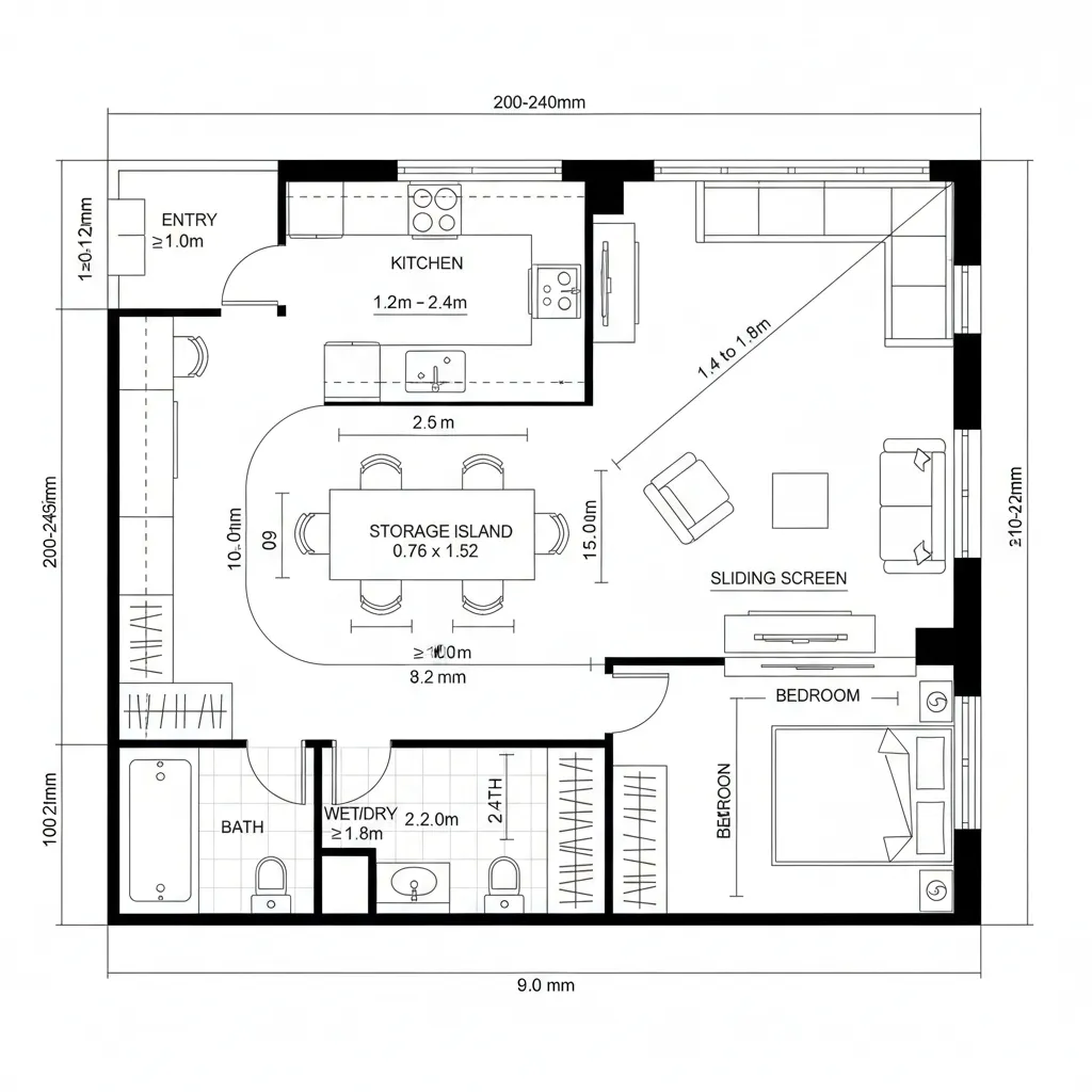 Top-down CAD plan of a looped studio 1 BHK with central island and separable sleep zone