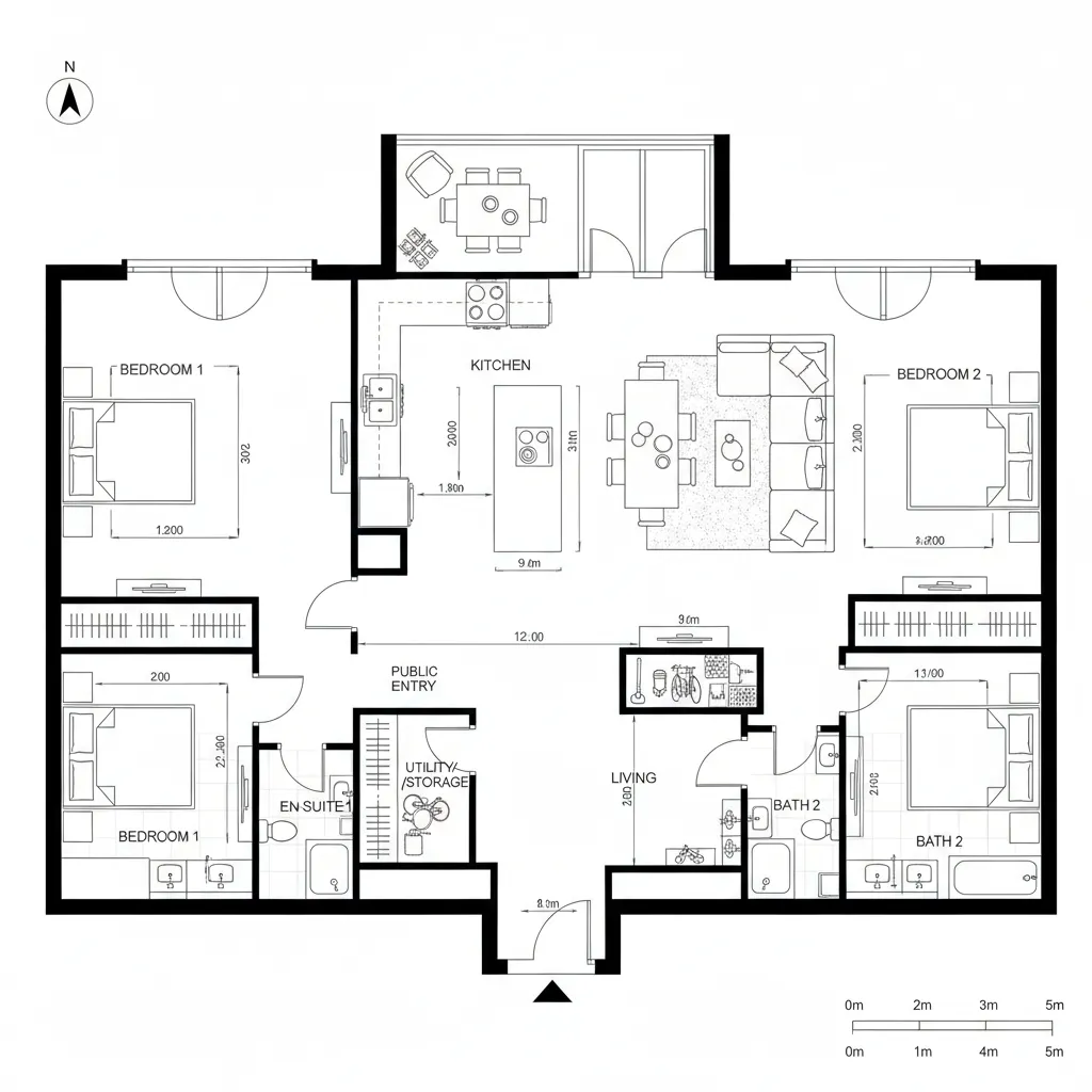 Detailed 2D floor plan drawing showing four bedrooms two bathrooms living room and kitchen layout