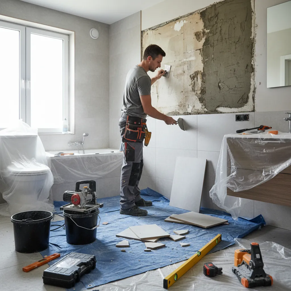 Installer repairing loose bathroom wall tile with adhesive