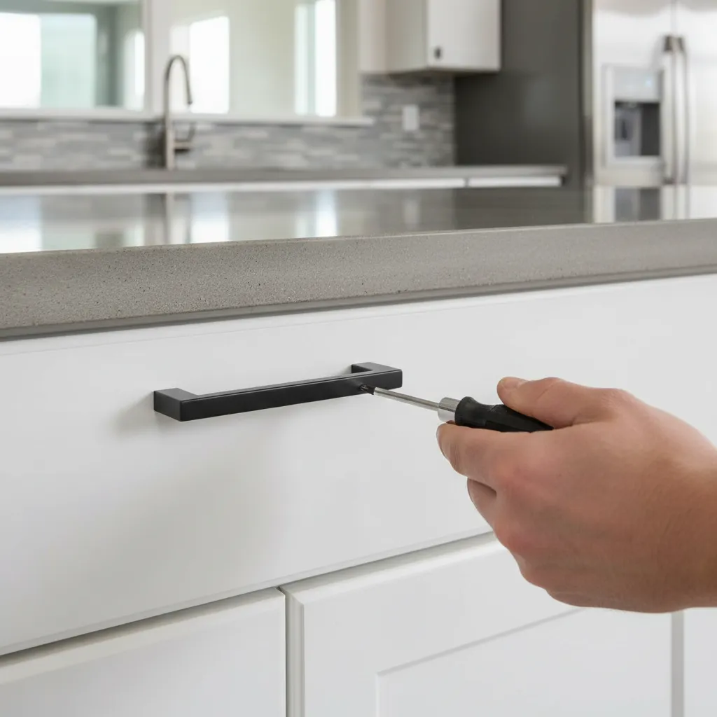 hand tightening a loose matte black cabinet handle on a kitchen cabinet door
