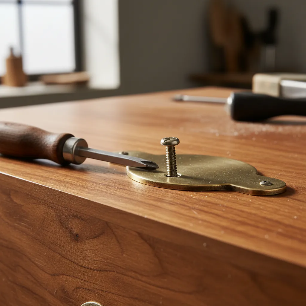 Close-up of loose screw on cabinet drawer pull