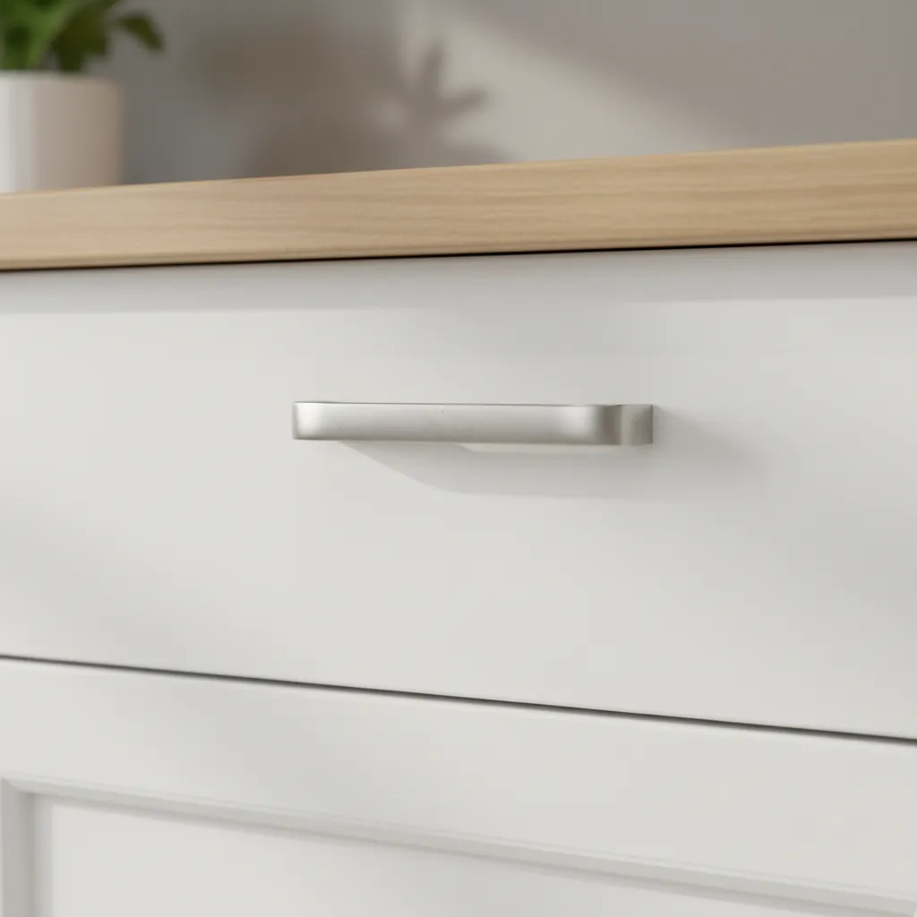 Loose modern kitchen cabinet handle slightly pulled away from cabinet door