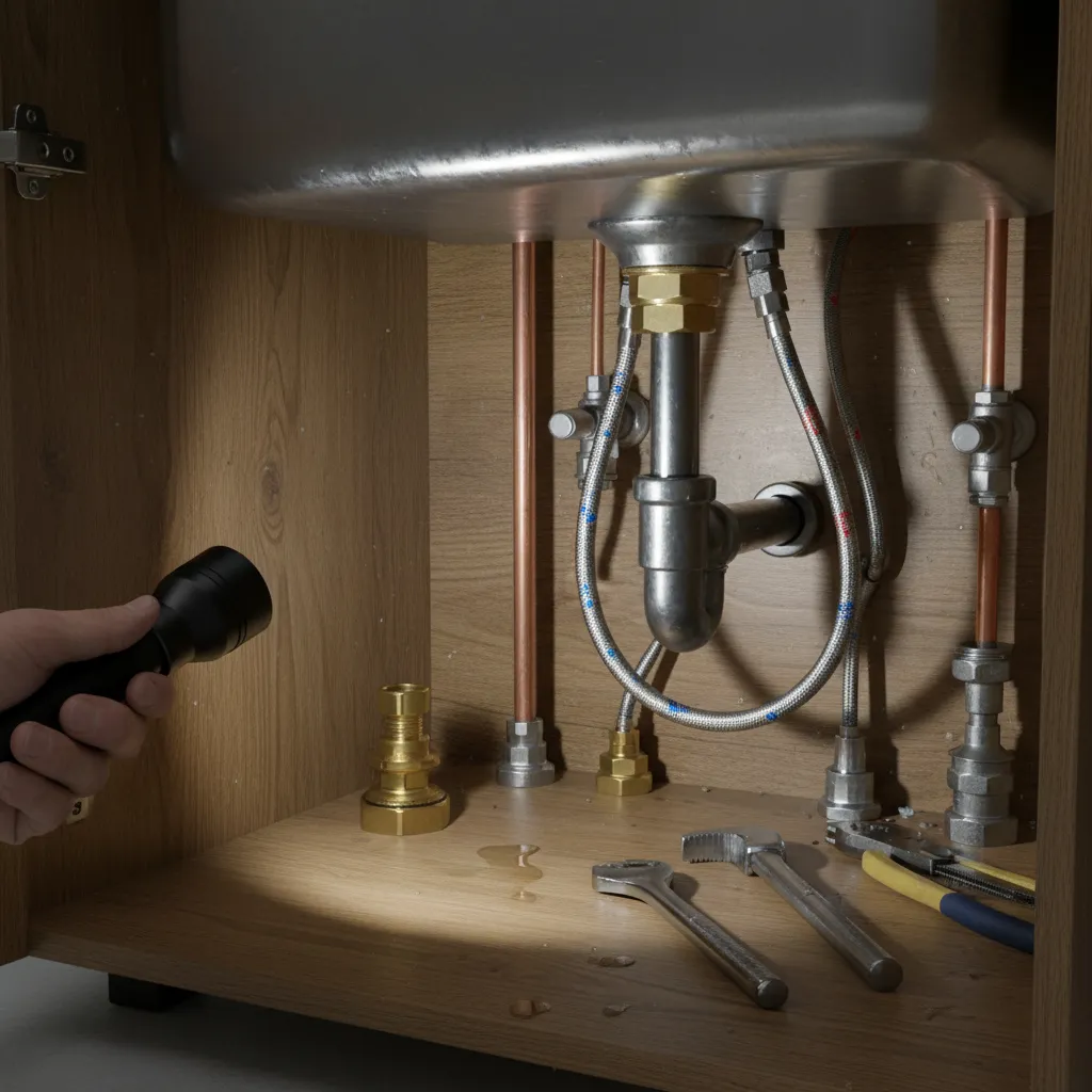 under sink view showing loose faucet mounting nut