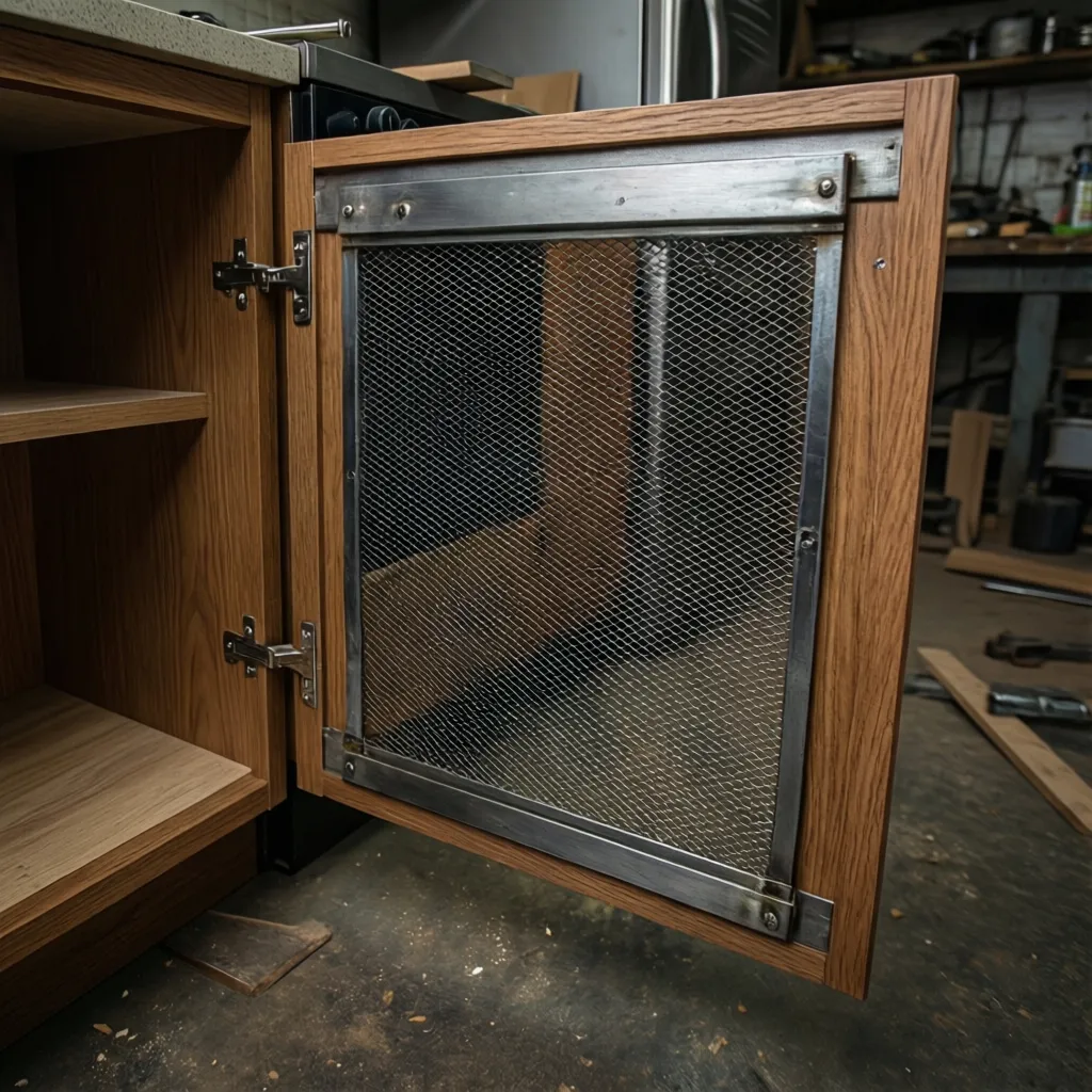 Close up of cabinet door with loose metal mesh insert
