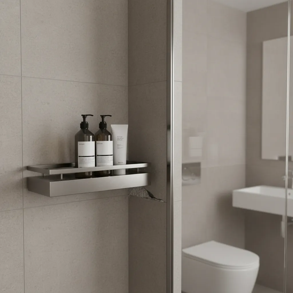 Loose shower shelf mounted on tiled bathroom wall showing instability