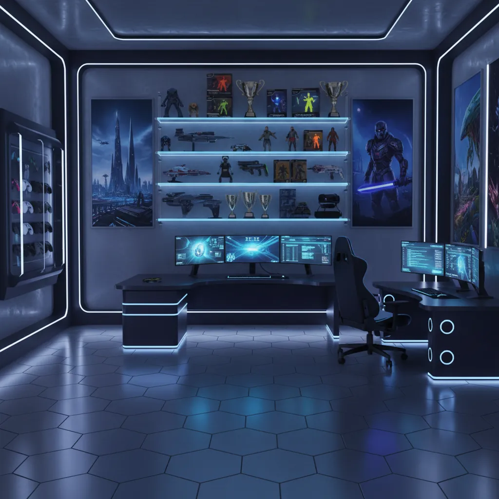 player housing room displaying cosmetic collectibles and achievement items