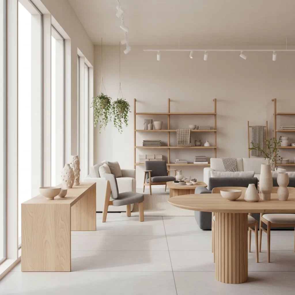 Modern Los Angeles home decor store interior with curated furniture and natural materials