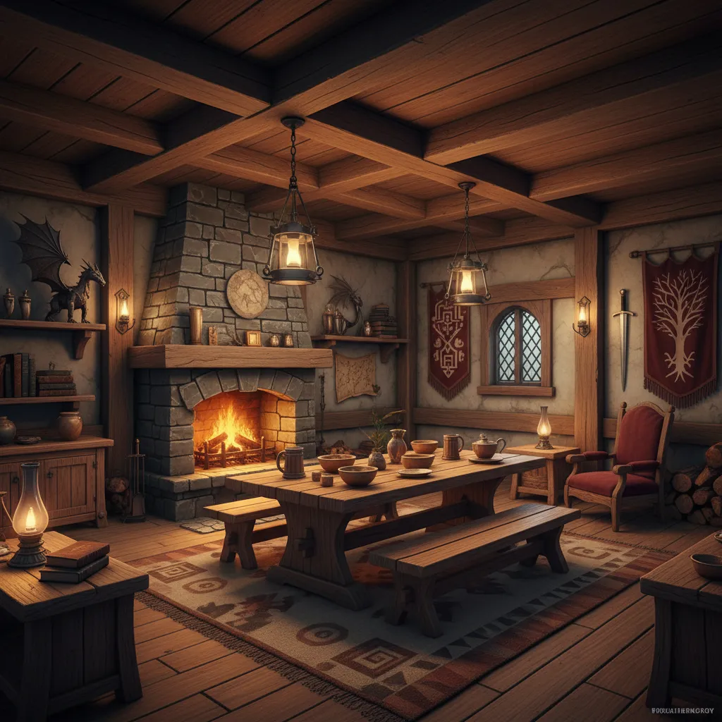 Cozy LOTRO style player house interior with rustic furniture and lantern lighting