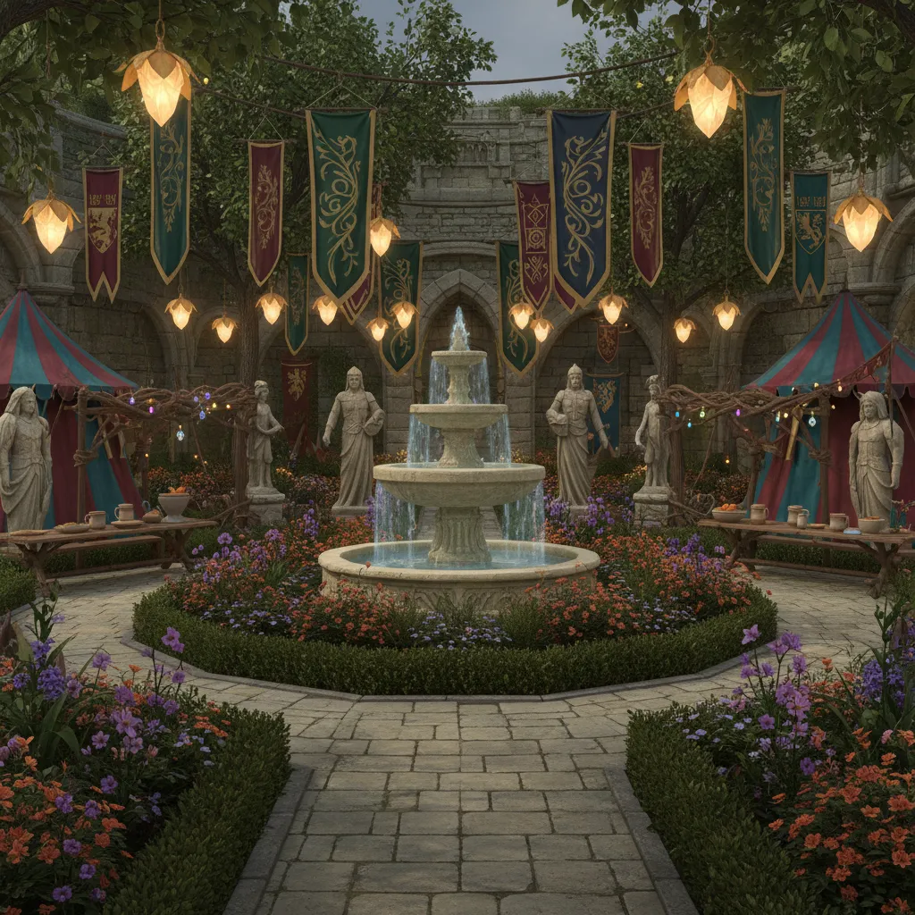 Display of fantasy festival themed housing decorations in LOTRO style environment