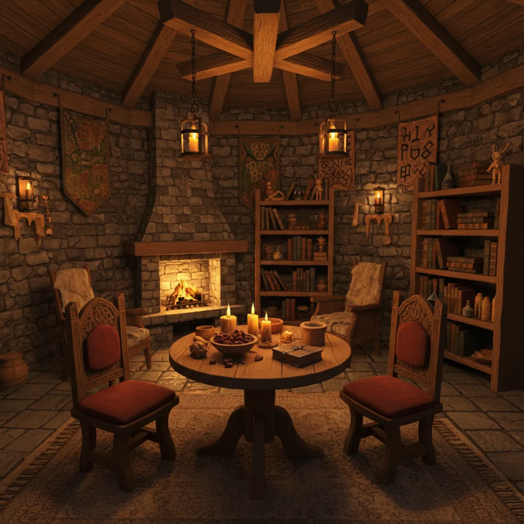 Small LOTRO house interior with layered furniture layout and decorative props