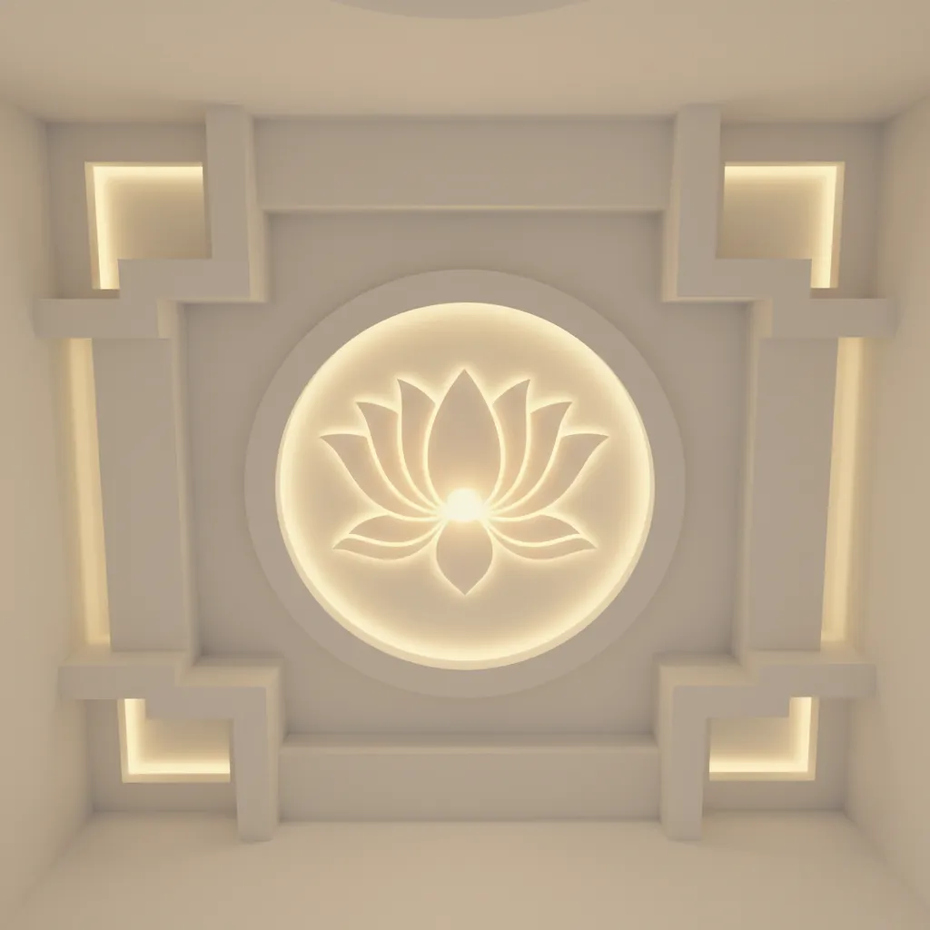Lotus shaped backlit ceiling design in pooja room