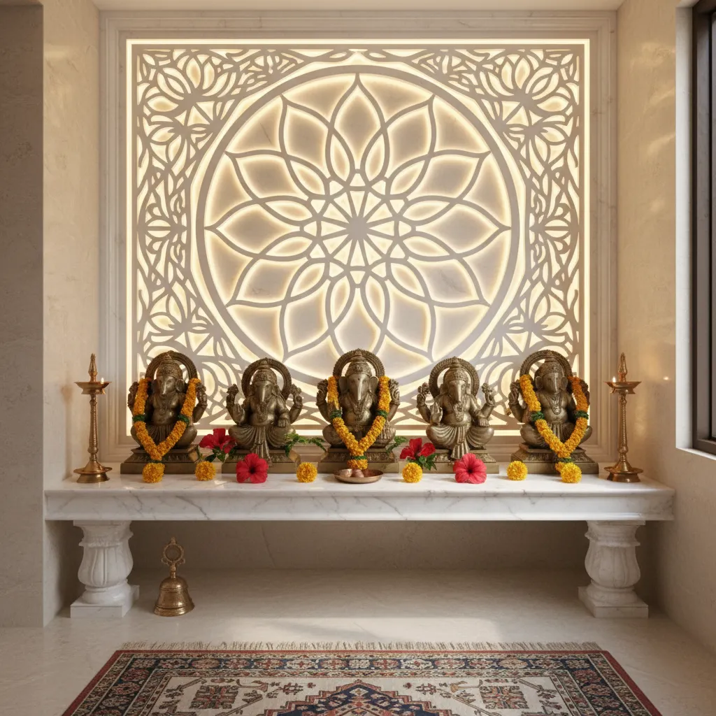 Lotus pattern CNC panel used as pooja room backdrop