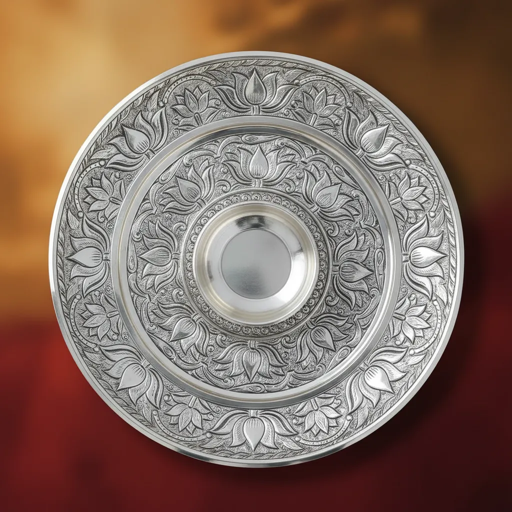 Lotus engraved silver pooja plate with diya at center
